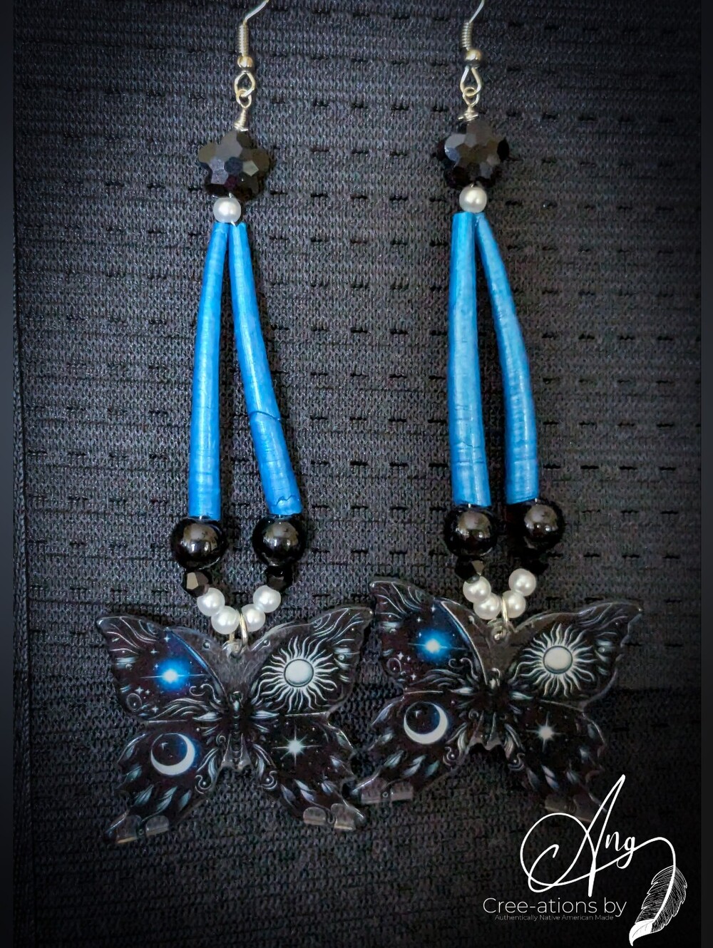 Native Blue & Black Butterfly Moon Dentalium Shell Drop Earrings